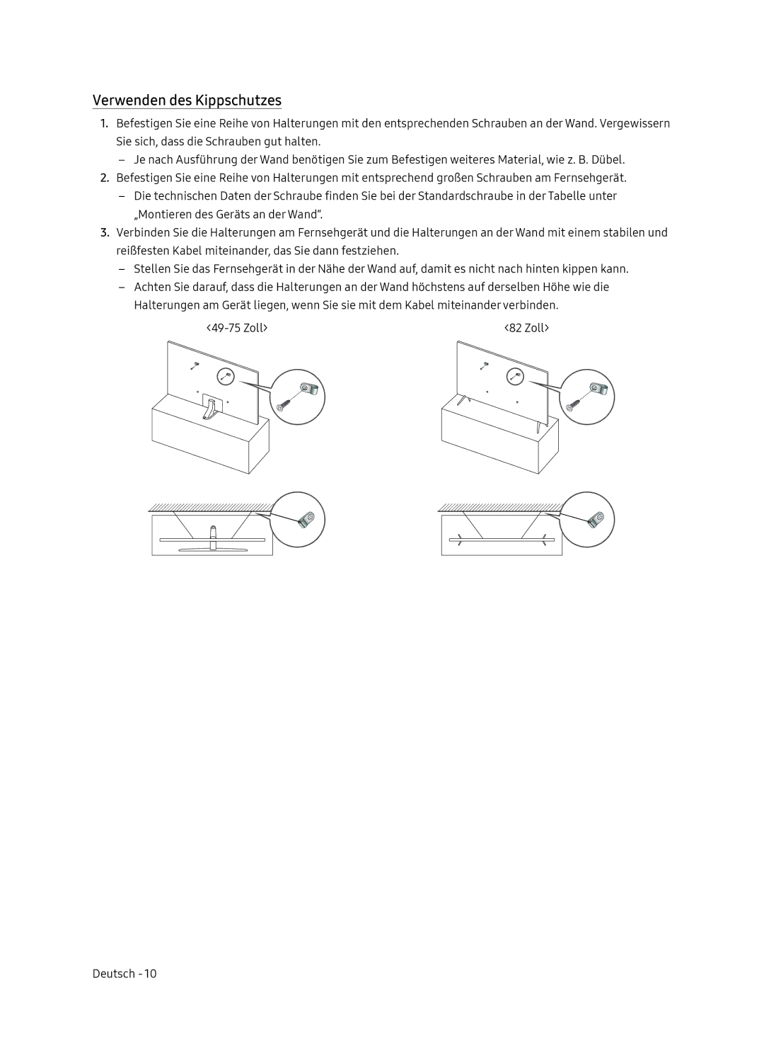 Samsung UE75NU8005TXXC, UE55NU8005TXXC, UE49NU8005TXXC, UE65NU8005TXXC manual Verwenden des Kippschutzes 