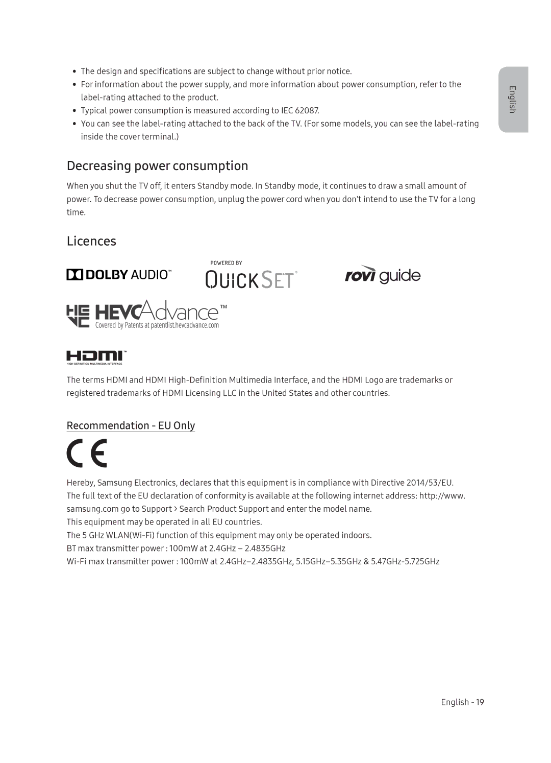 Samsung UE55NU8040TXZG, UE55NU8059TXZG, UE49NU8049TXZG manual Decreasing power consumption, Licences, Recommendation EU Only 