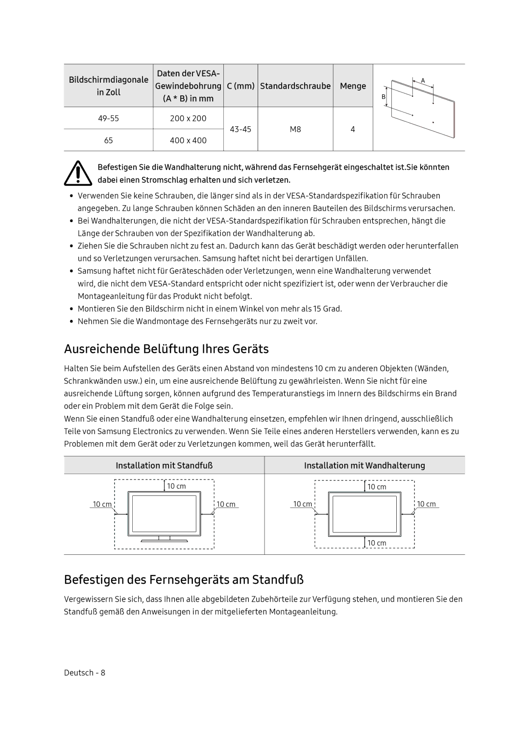 Samsung UE49NU8079TXZG, UE55NU8059TXZG Ausreichende Belüftung Ihres Geräts, Befestigen des Fernsehgeräts am Standfuß, Zoll 