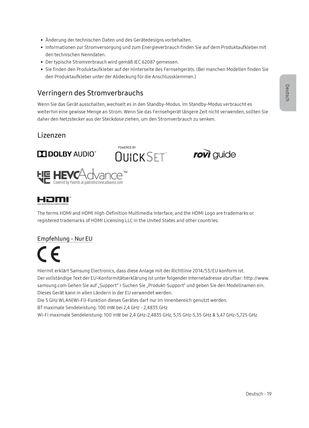 Samsung UE49NU8079TXZG, UE55NU8059TXZG, UE49NU8049TXZG manual Verringern des Stromverbrauchs, Lizenzen, Empfehlung Nur EU 