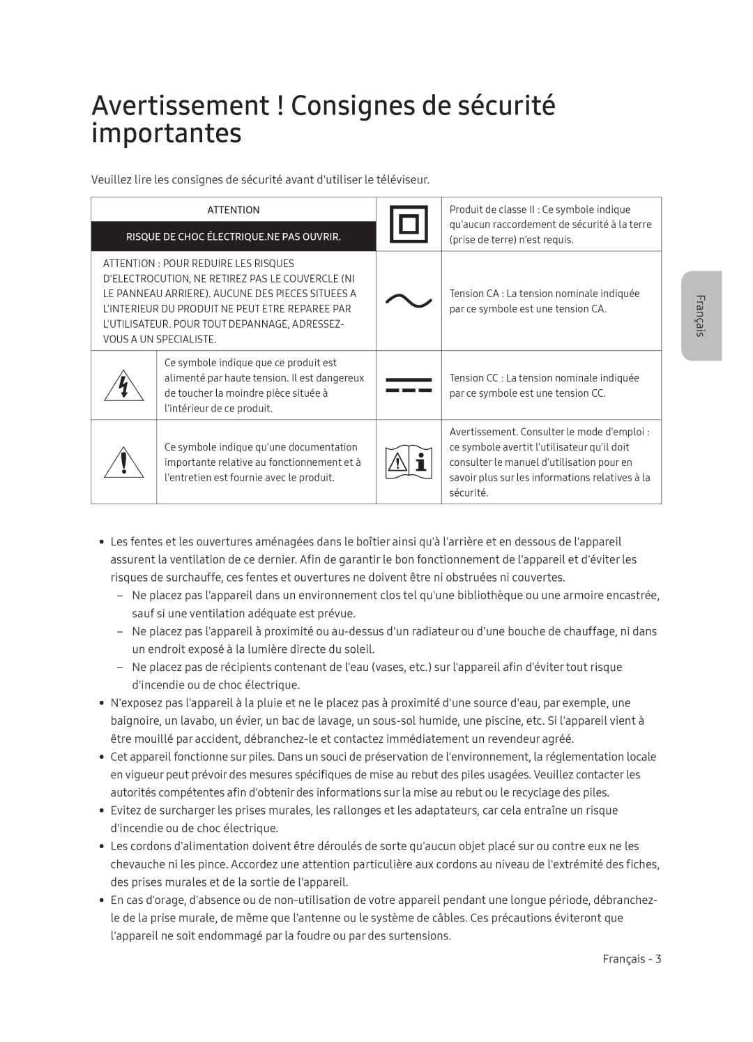 Samsung UE49NU8040TXZG manual Avertissement ! Consignes de sécurité importantes, Risque DE Choc ÉLECTRIQUE.NE PAS Ouvrir 