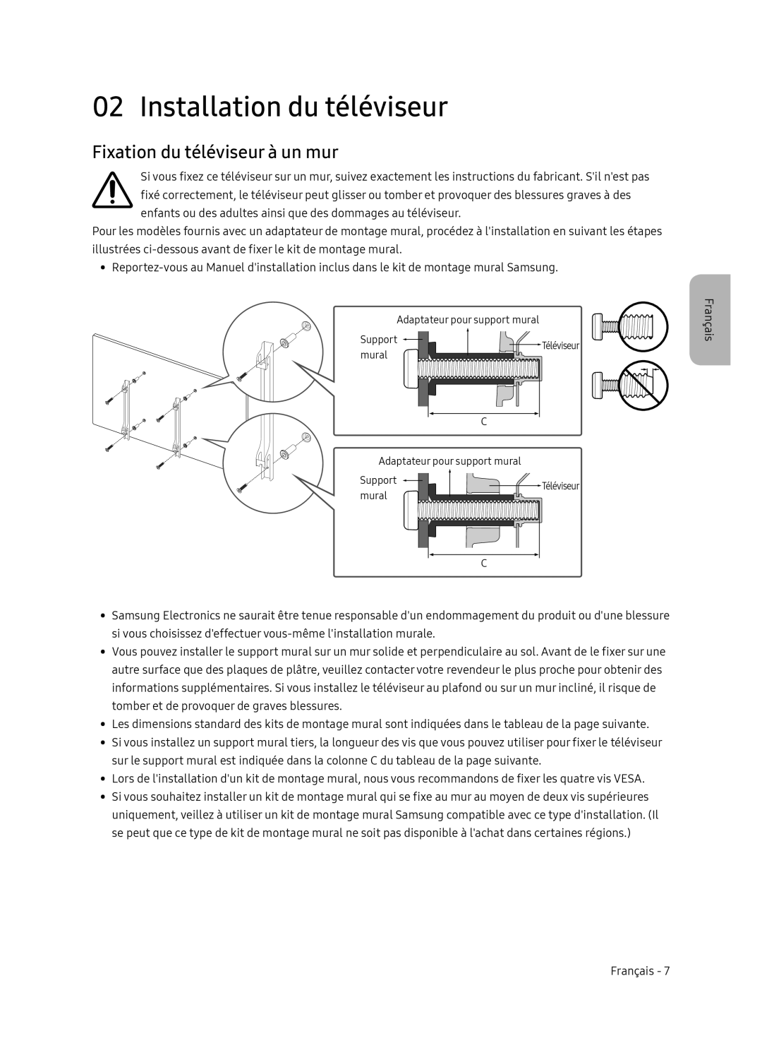 Samsung UE55NU8079TXZG, UE55NU8059TXZG, UE49NU8049TXZG manual Installation du téléviseur, Fixation du téléviseur à un mur 