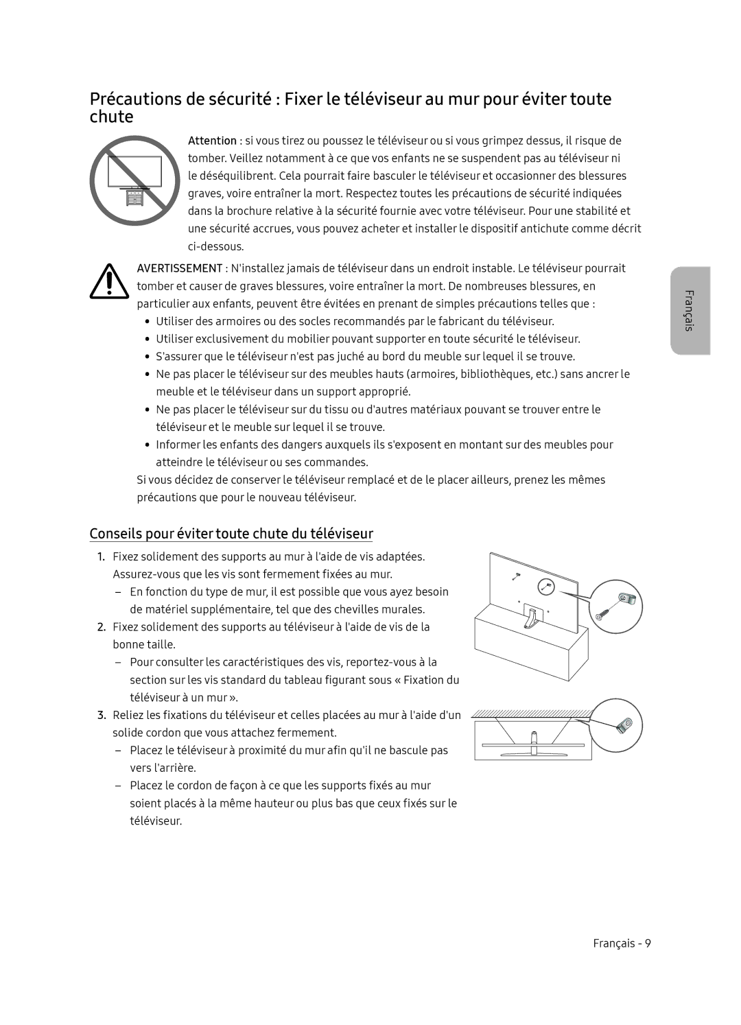 Samsung UE55NU8049TXZG, UE55NU8059TXZG, UE49NU8049TXZG, UE65NU8059TXZG manual Conseils pour éviter toute chute du téléviseur 