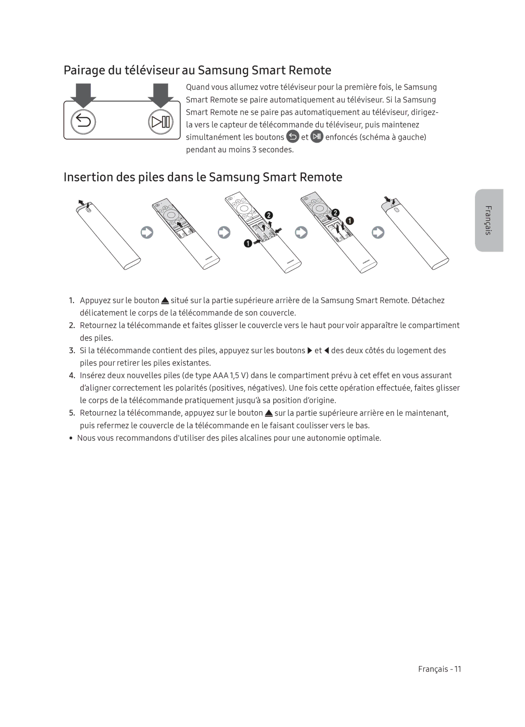 Samsung UE65NU8049TXZG Pairage du téléviseur au Samsung Smart Remote, Insertion des piles dans le Samsung Smart Remote 