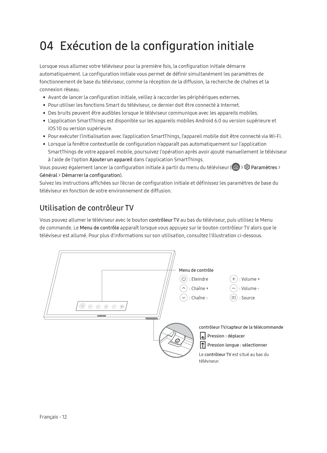 Samsung UE55NU8040TXZG, UE55NU8059TXZG manual 04 Exécution de la configuration initiale, Utilisation de contrôleur TV 