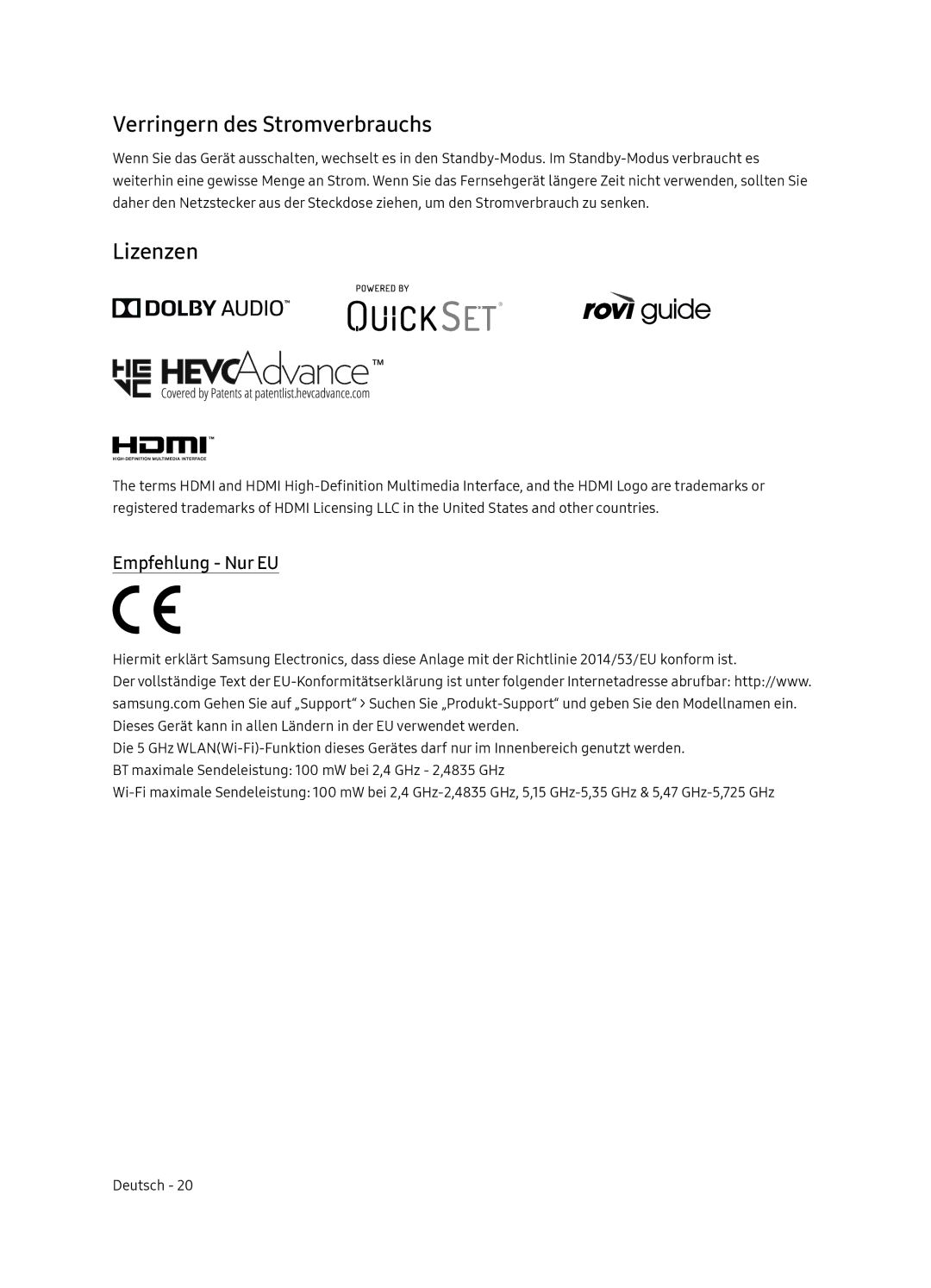 Samsung UE55NU8505TXXC, UE65NU8505TXXC manual Verringern des Stromverbrauchs, Lizenzen, Empfehlung Nur EU 