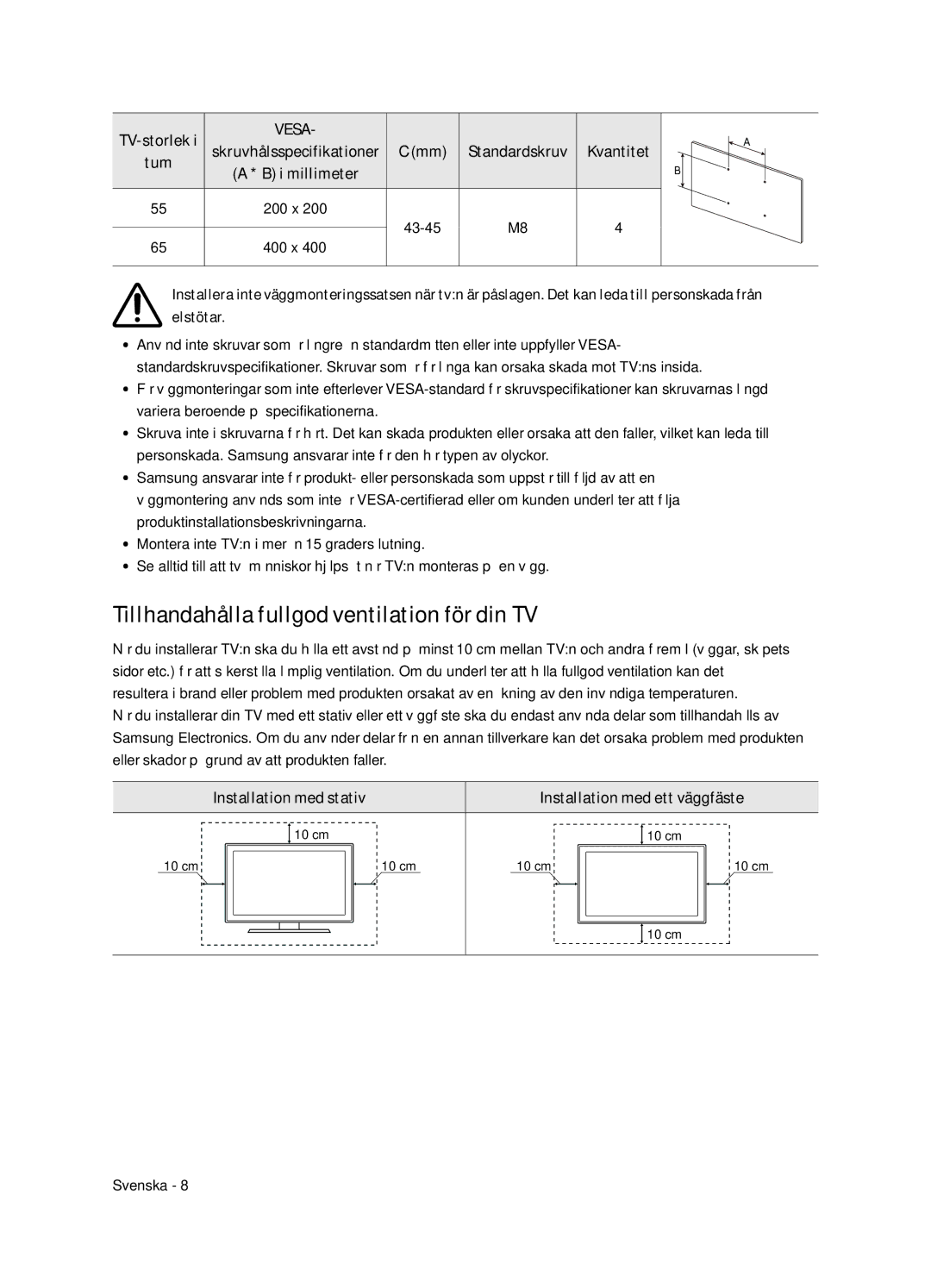 Samsung UE55NU8505TXXC manual Tillhandahålla fullgod ventilation för din TV, TV-storlek, Standardskruv Kvantitet Tum 