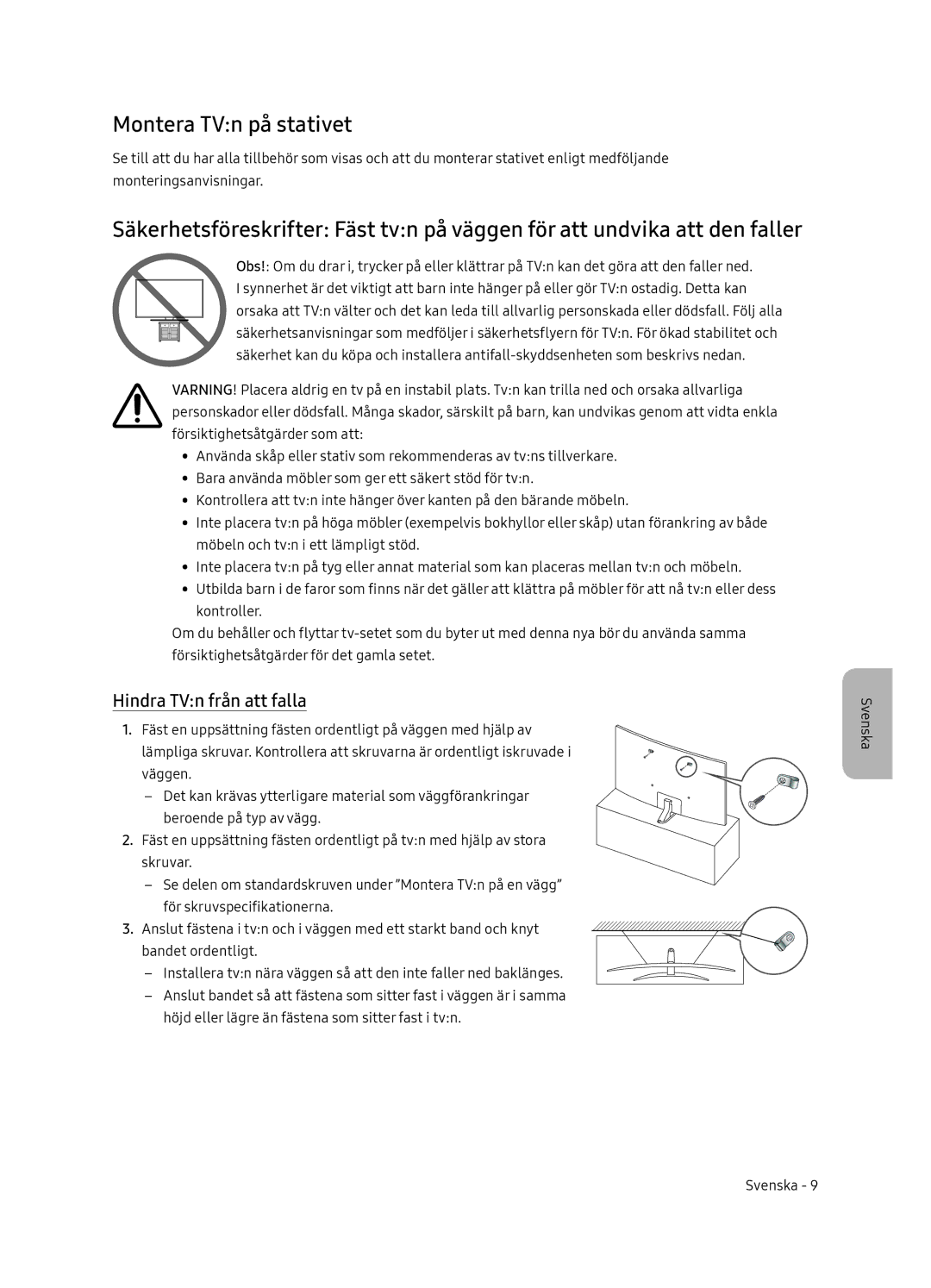 Samsung UE65NU8505TXXC, UE55NU8505TXXC manual Montera TVn på stativet, Hindra TVn från att falla 