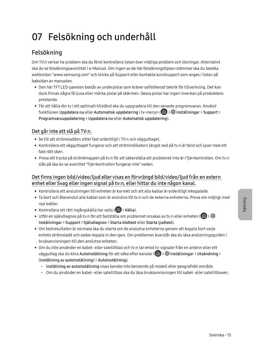 Samsung UE65NU8505TXXC, UE55NU8505TXXC manual Felsökning och underhåll, Det går inte att slå på TVn, Källa 