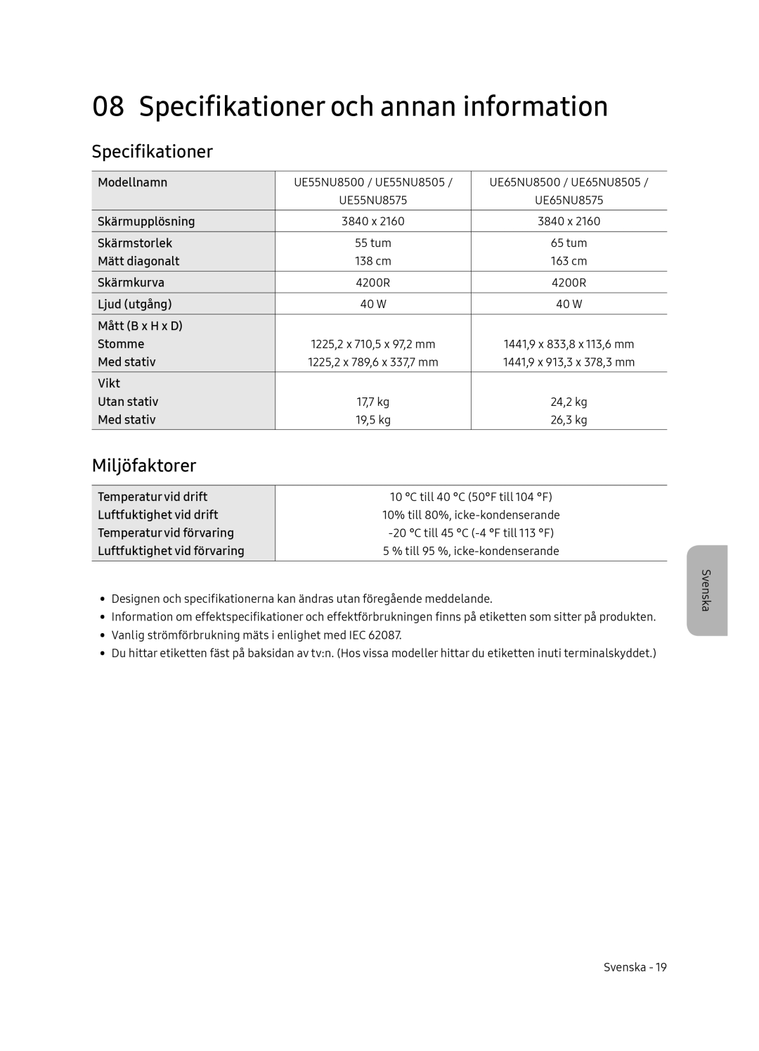 Samsung UE65NU8505TXXC, UE55NU8505TXXC manual Specifikationer och annan information, Miljöfaktorer 