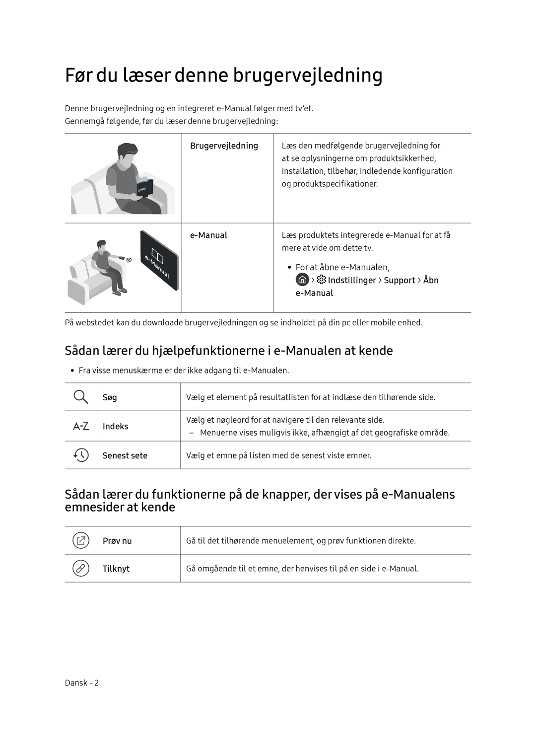 Samsung UE55NU8505TXXC manual Før du læser denne brugervejledning, Sådan lærer du hjælpefunktionerne i e-Manualen at kende 