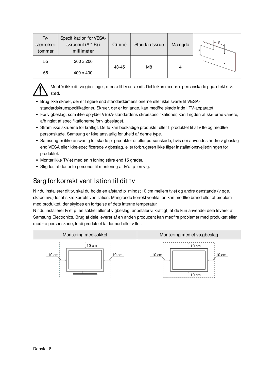 Samsung UE55NU8505TXXC, UE65NU8505TXXC manual Sørg for korrekt ventilation til dit tv, Millimeter 