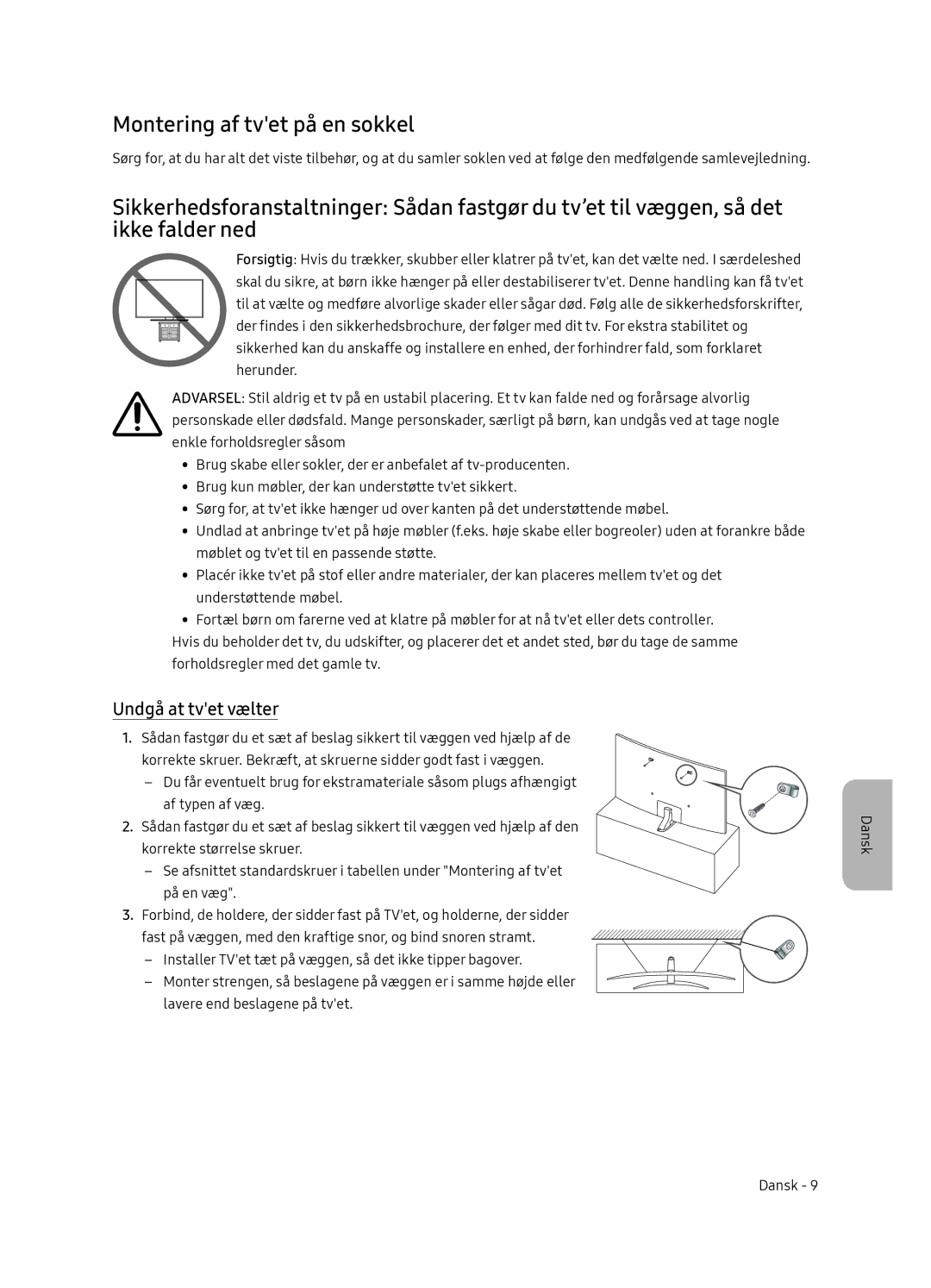 Samsung UE65NU8505TXXC, UE55NU8505TXXC manual Montering af tvet på en sokkel, Undgå at tvet vælter 