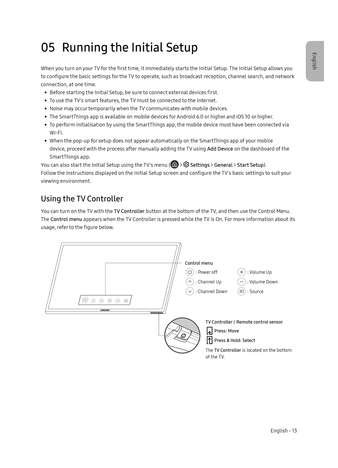 Samsung UE65NU8505TXXC, UE55NU8505TXXC manual Running the Initial Setup, Using the TV Controller 