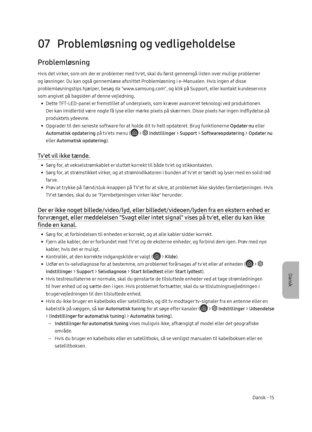 Samsung UE65NU8505TXXC, UE55NU8505TXXC manual Problemløsning og vedligeholdelse, Tvet vil ikke tænde 