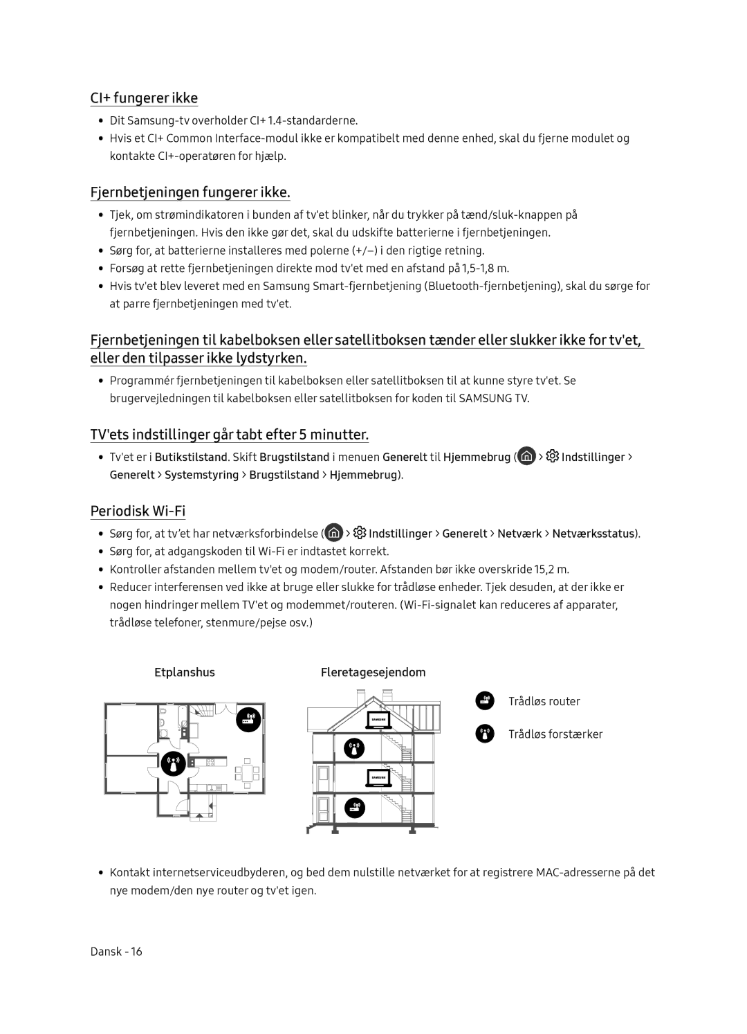 Samsung UE55NU8505TXXC CI+ fungerer ikke, Fjernbetjeningen fungerer ikke, TVets indstillinger går tabt efter 5 minutter 