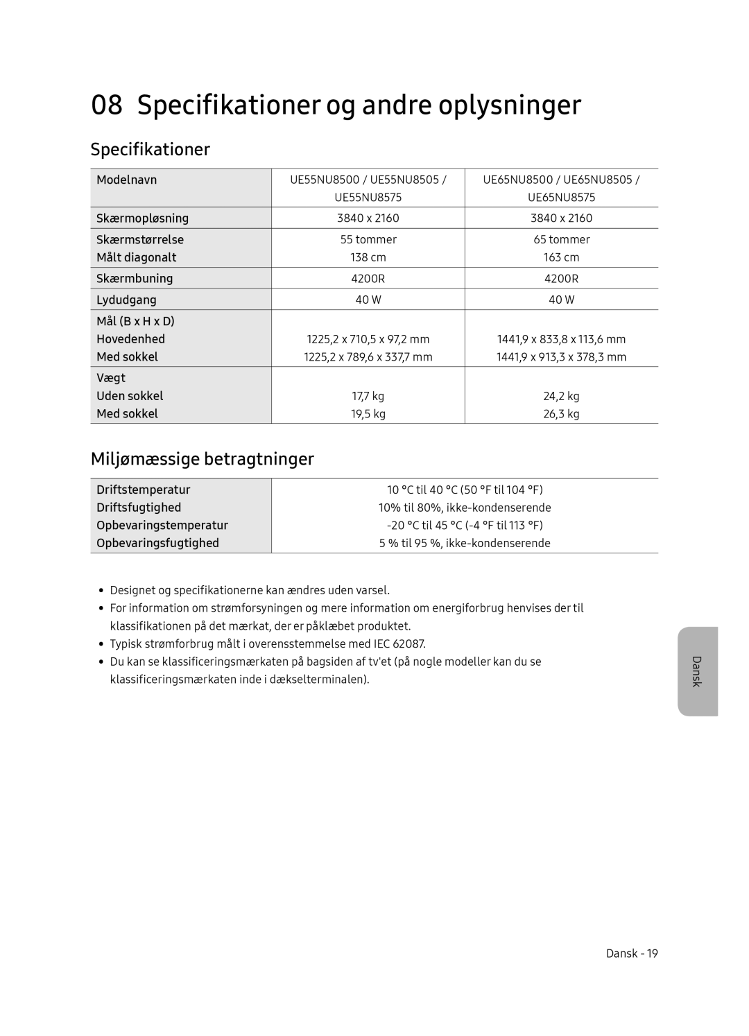 Samsung UE65NU8505TXXC, UE55NU8505TXXC manual Specifikationer og andre oplysninger, Miljømæssige betragtninger 