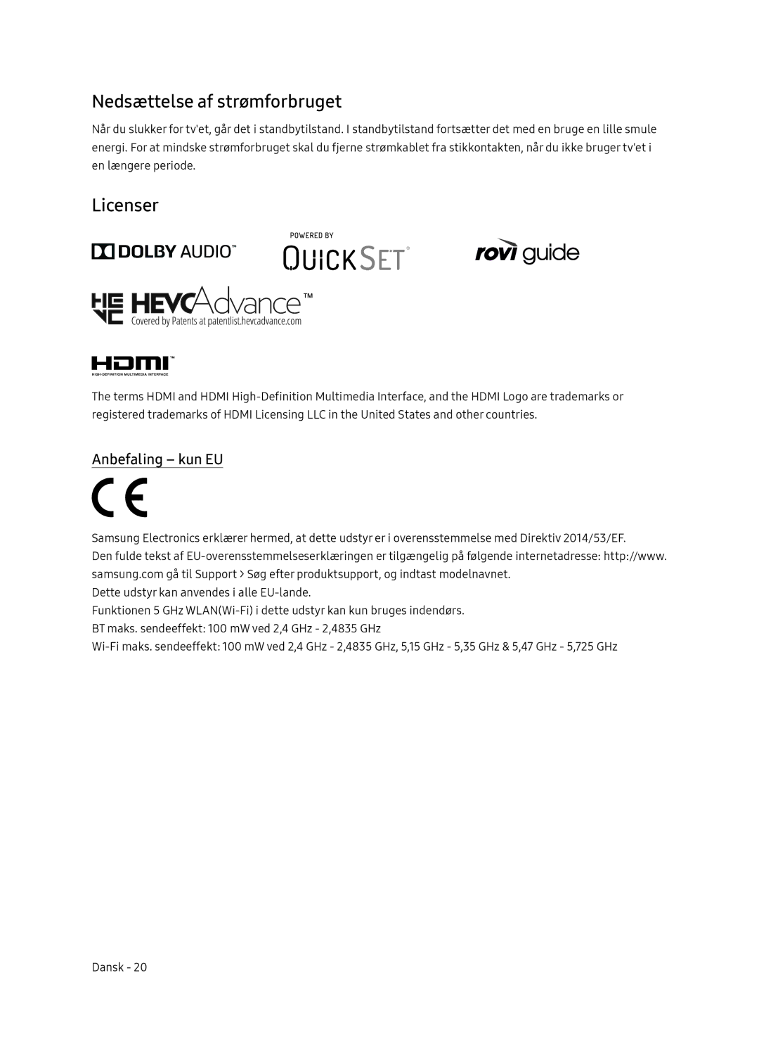 Samsung UE55NU8505TXXC, UE65NU8505TXXC manual Nedsættelse af strømforbruget, Anbefaling kun EU 