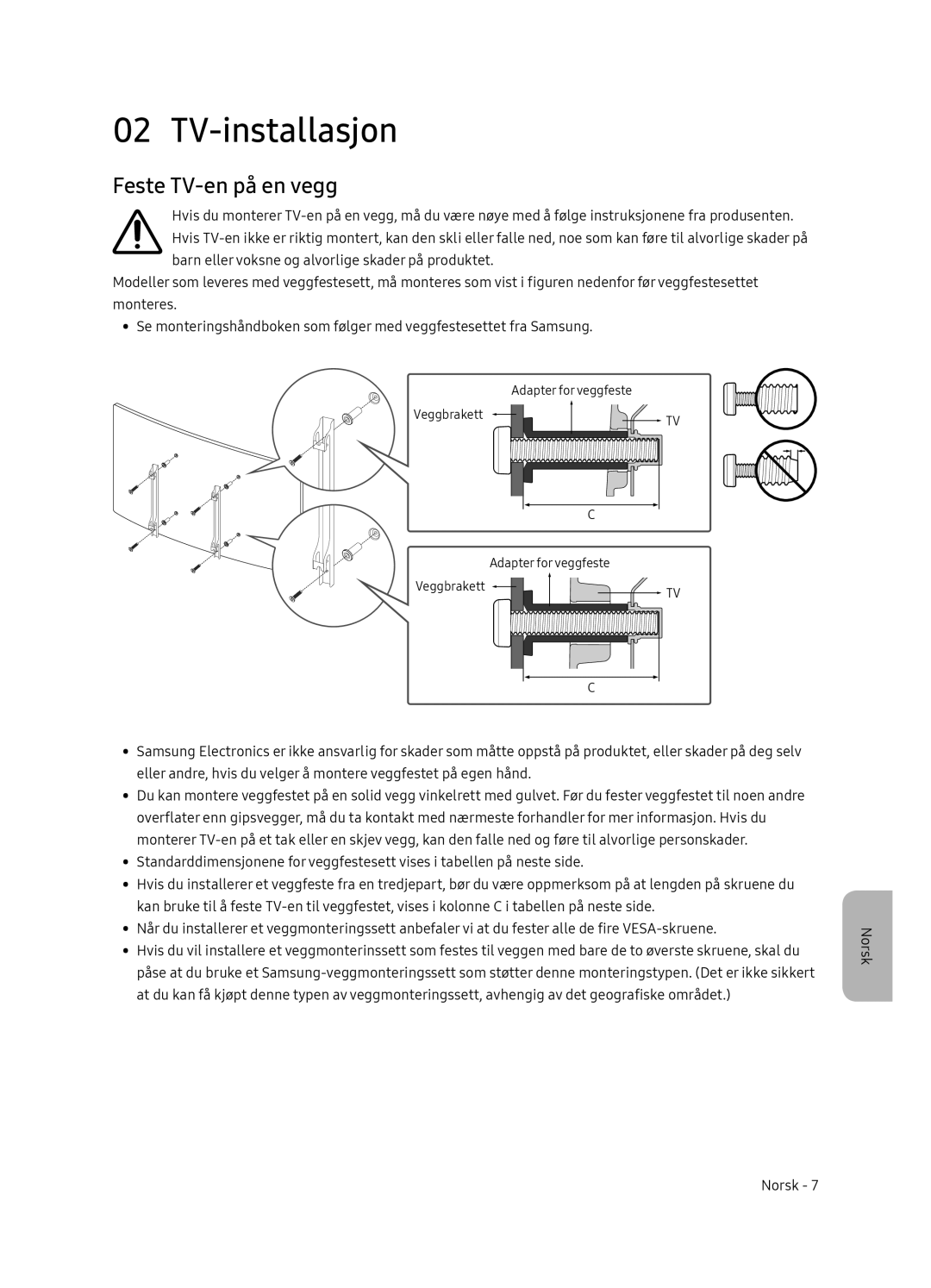 Samsung UE65NU8505TXXC, UE55NU8505TXXC manual TV-installasjon, Feste TV-en på en vegg 