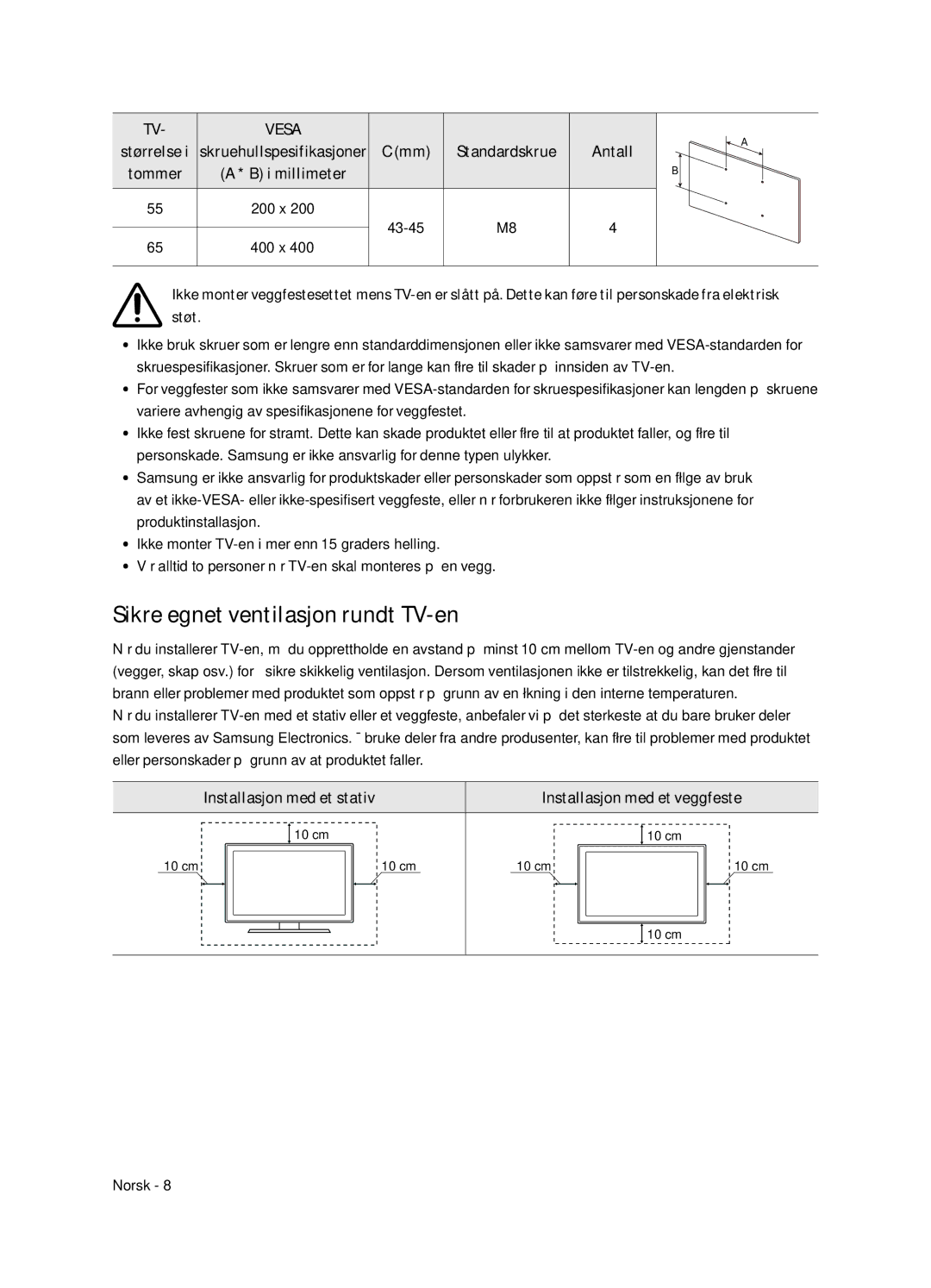 Samsung UE55NU8505TXXC, UE65NU8505TXXC manual Sikre egnet ventilasjon rundt TV-en, Antall 