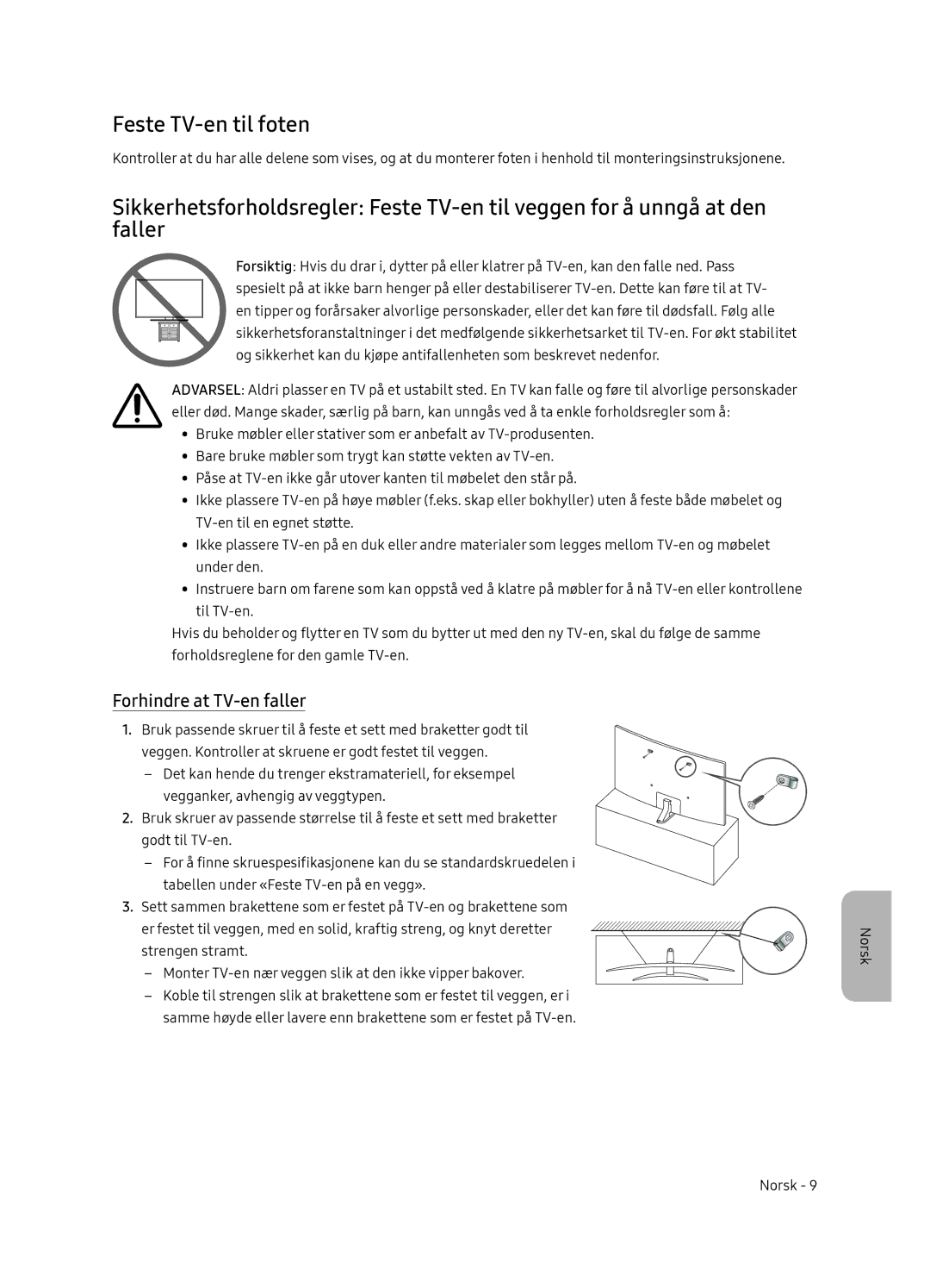 Samsung UE65NU8505TXXC, UE55NU8505TXXC manual Feste TV-en til foten, Forhindre at TV-en faller 