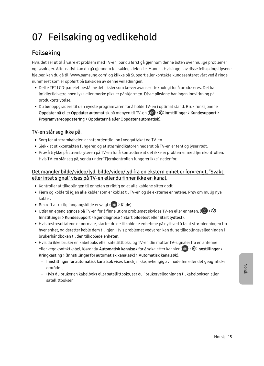 Samsung UE65NU8505TXXC, UE55NU8505TXXC manual Feilsøking og vedlikehold, TV-en slår seg ikke på 