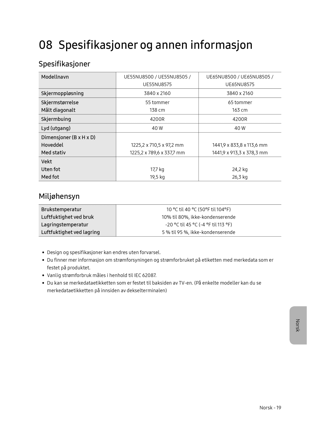 Samsung UE65NU8505TXXC, UE55NU8505TXXC manual Spesifikasjoner og annen informasjon, Miljøhensyn 