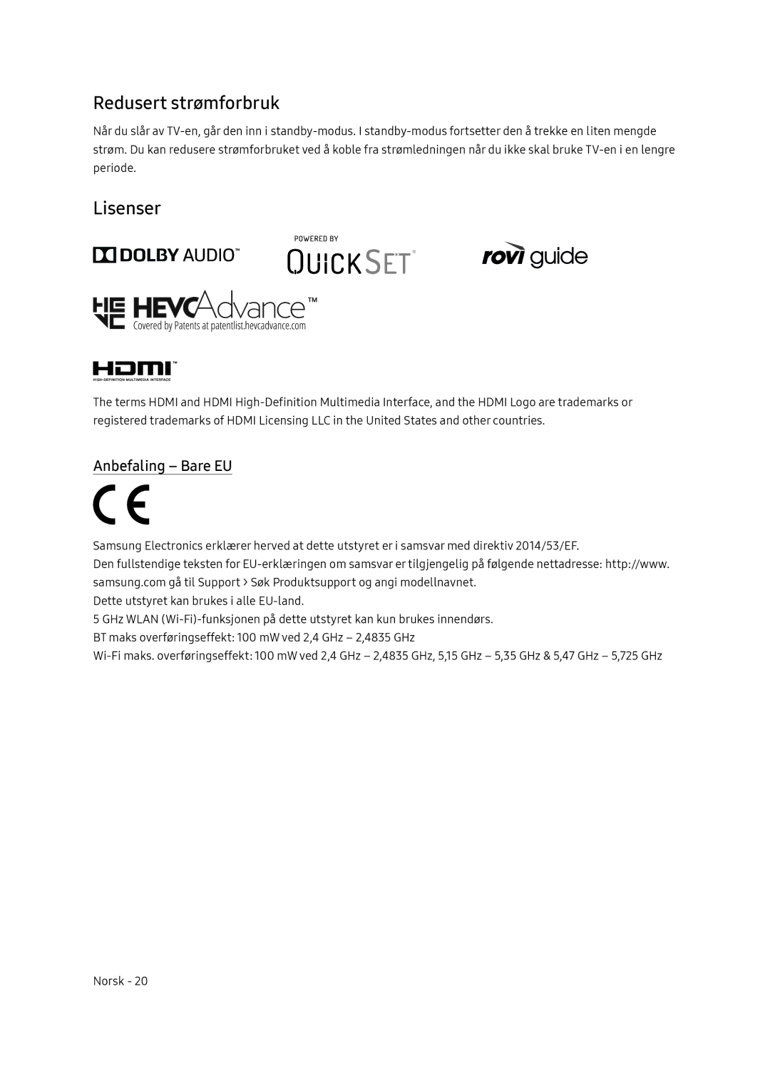 Samsung UE55NU8505TXXC, UE65NU8505TXXC manual Redusert strømforbruk, Lisenser, Anbefaling Bare EU 