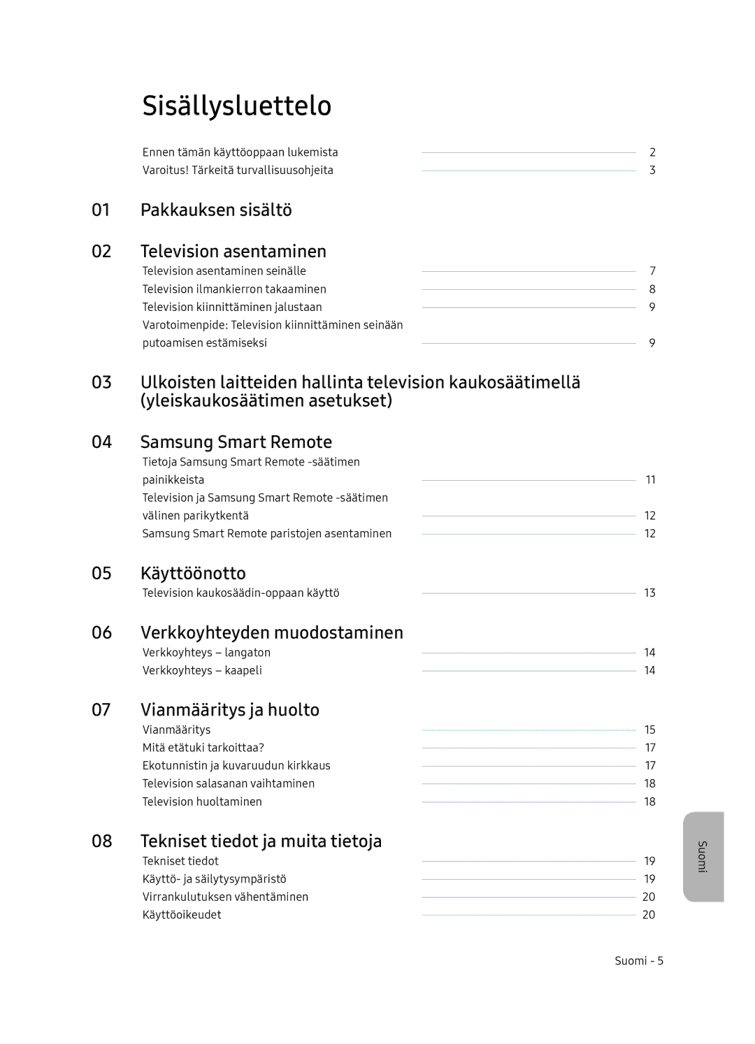 Samsung UE65NU8505TXXC, UE55NU8505TXXC manual Sisällysluettelo 