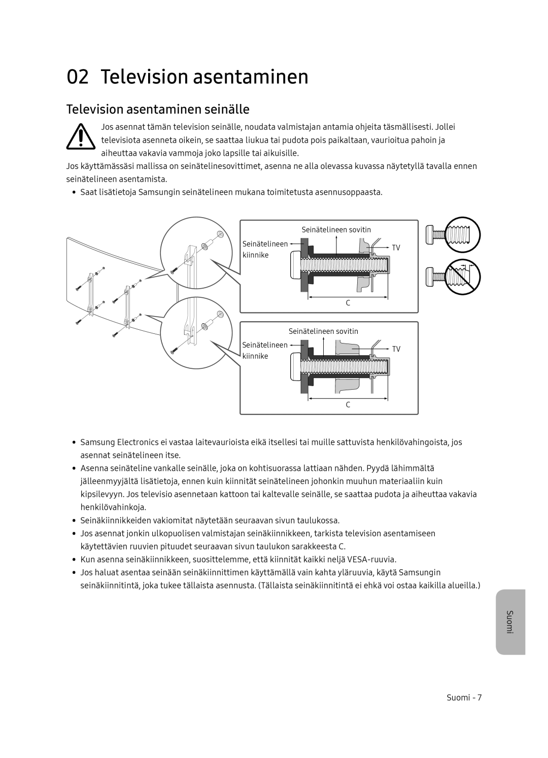 Samsung UE65NU8505TXXC, UE55NU8505TXXC manual Television asentaminen seinälle 