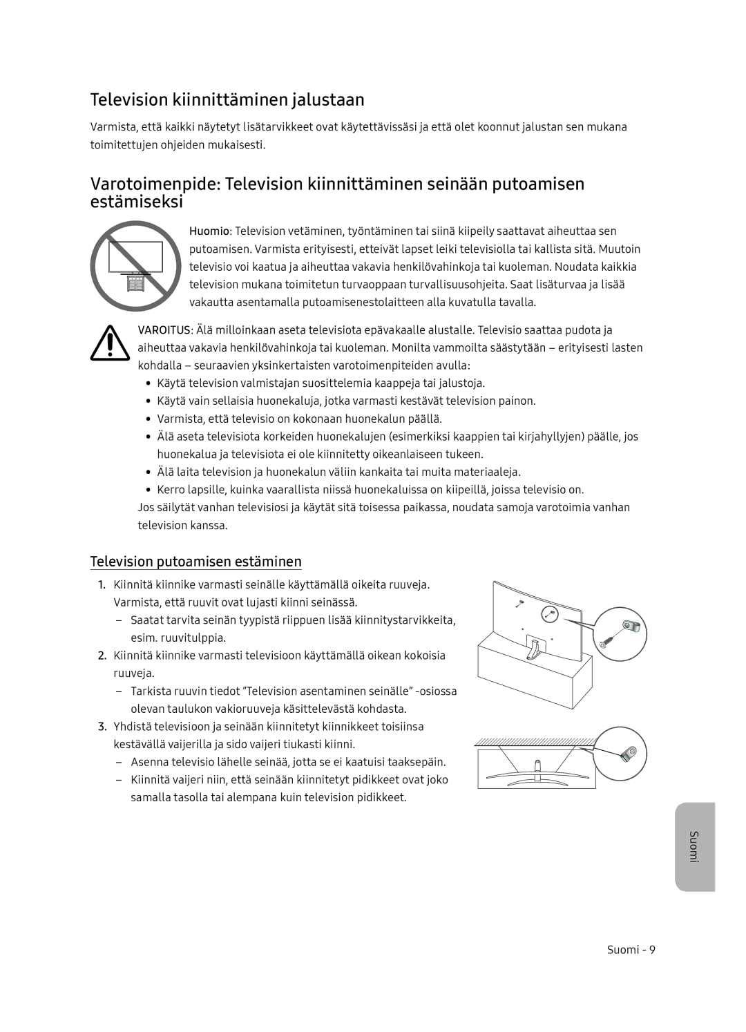 Samsung UE65NU8505TXXC, UE55NU8505TXXC manual Television kiinnittäminen jalustaan, Television putoamisen estäminen 