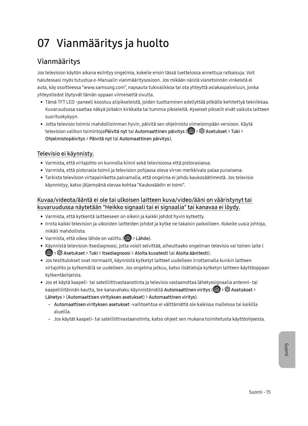 Samsung UE65NU8505TXXC, UE55NU8505TXXC manual Vianmääritys ja huolto, Televisio ei käynnisty 