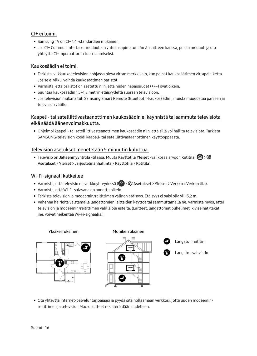 Samsung UE55NU8505TXXC manual CI+ ei toimi, Kaukosäädin ei toimi, Television asetukset menetetään 5 minuutin kuluttua 