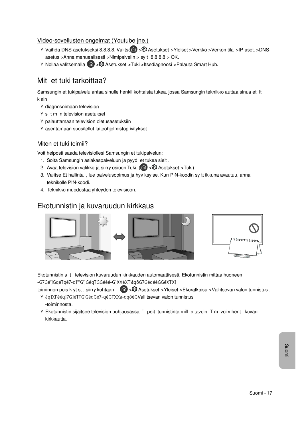 Samsung UE65NU8505TXXC manual Mitä etätuki tarkoittaa?, Ekotunnistin ja kuvaruudun kirkkaus, Miten etätuki toimii? 