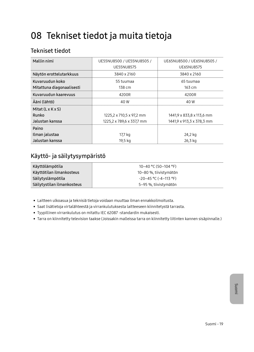 Samsung UE65NU8505TXXC, UE55NU8505TXXC manual Tekniset tiedot ja muita tietoja, Käyttö- ja säilytysympäristö 