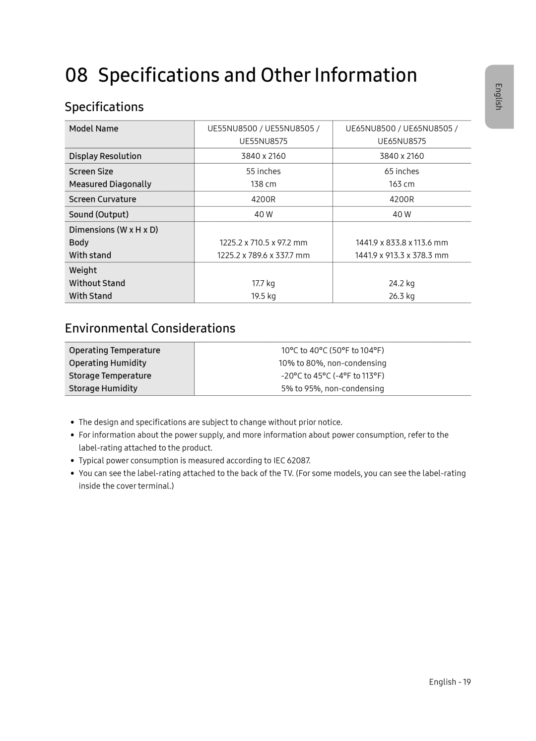 Samsung UE65NU8505TXXC, UE55NU8505TXXC manual Specifications and Other Information, Environmental Considerations 