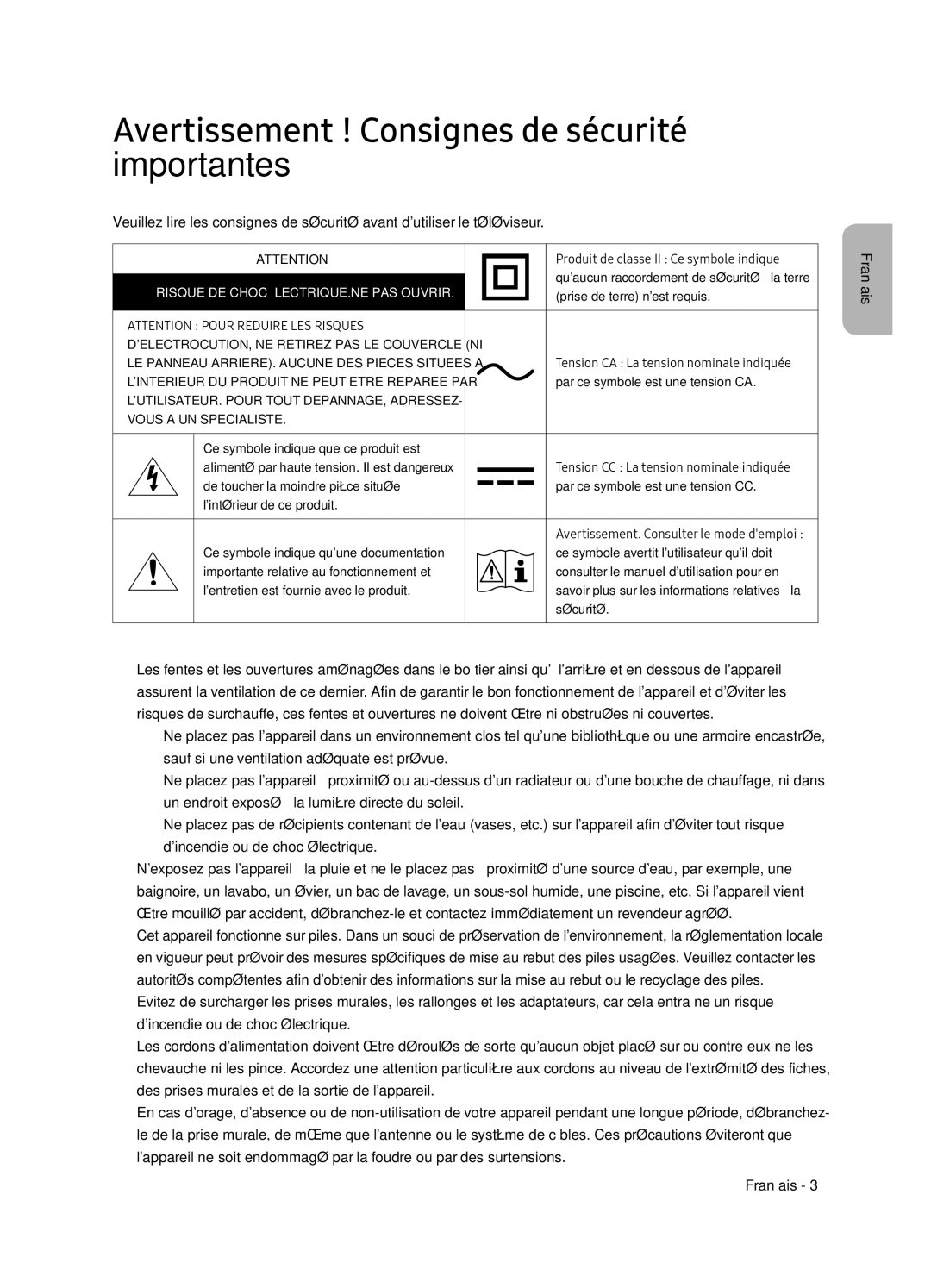 Samsung UE65NU8505TXXC manual Avertissement ! Consignes de sécurité importantes, Risque DE Choc ÉLECTRIQUE.NE PAS Ouvrir 