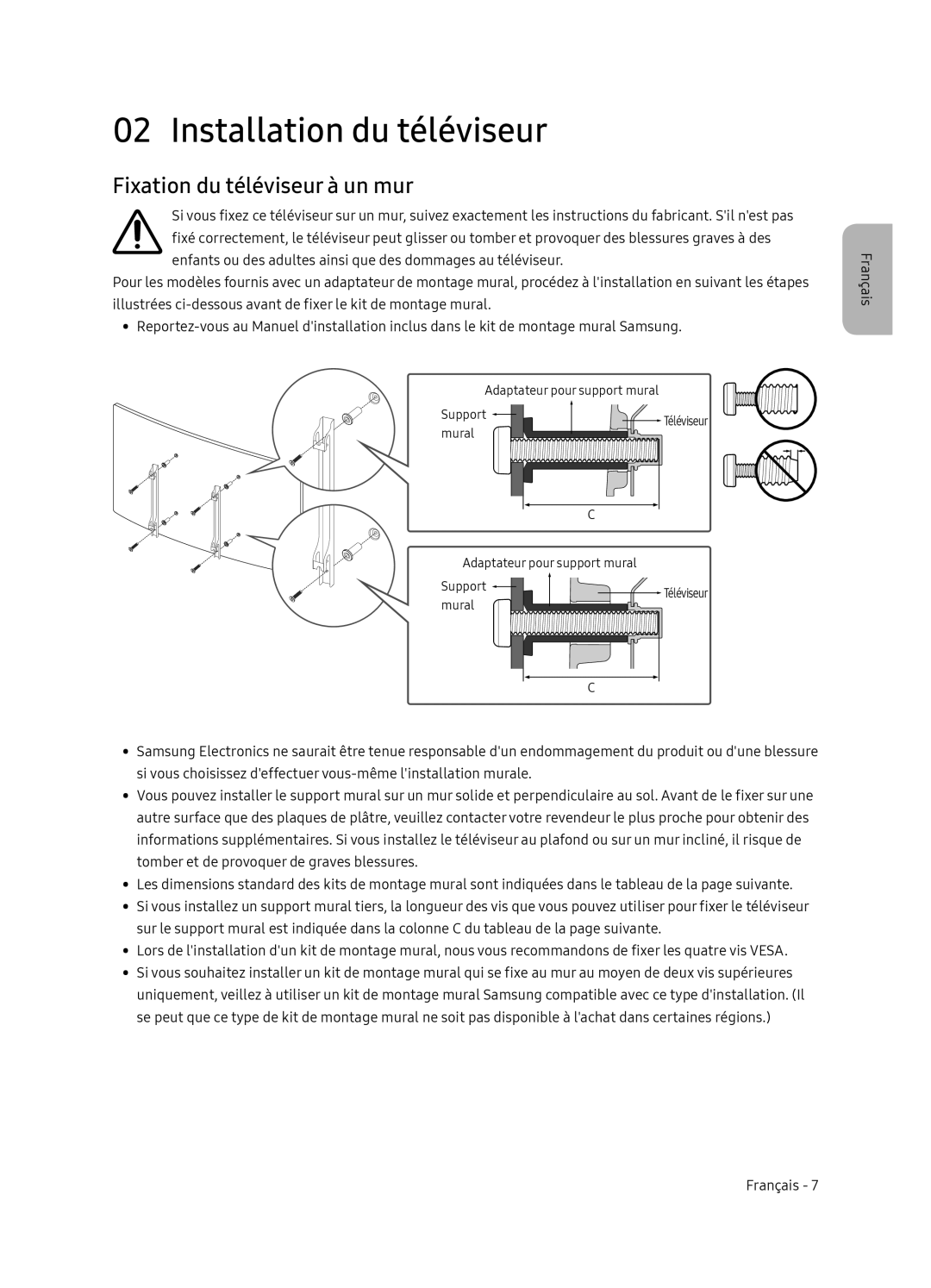 Samsung UE65NU8505TXXC, UE55NU8505TXXC manual Installation du téléviseur, Fixation du téléviseur à un mur 