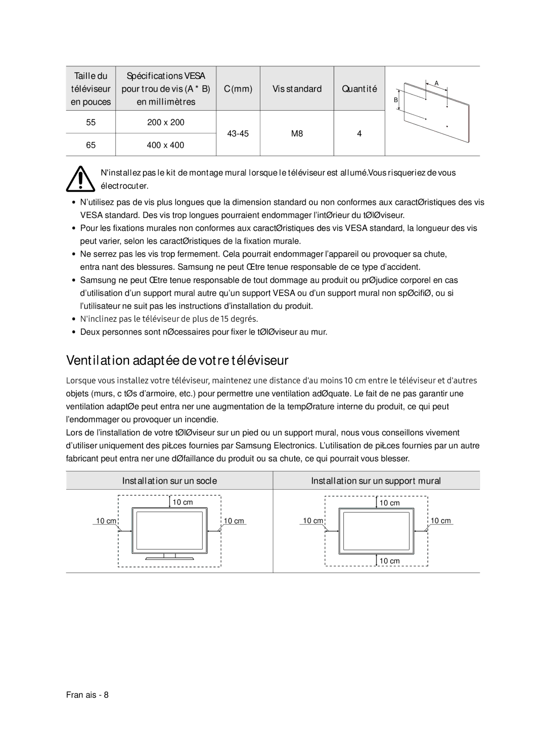 Samsung UE55NU8505TXXC, UE65NU8505TXXC manual Ventilation adaptée de votre téléviseur 