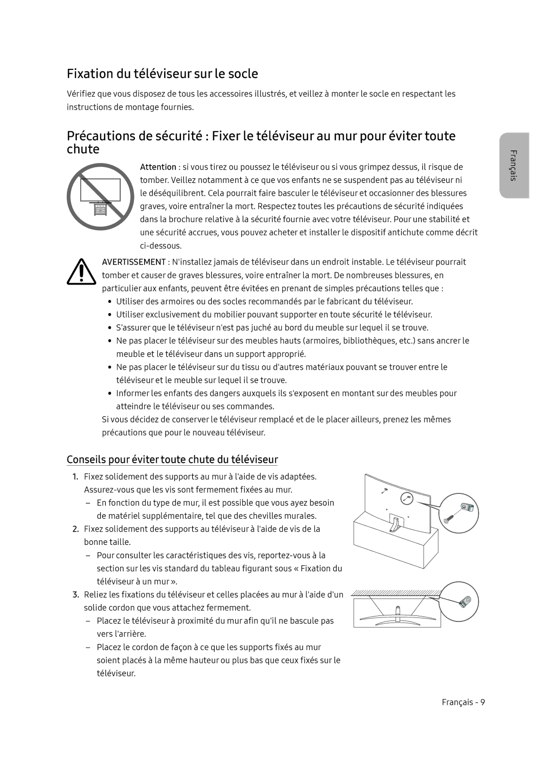 Samsung UE65NU8505TXXC, UE55NU8505TXXC Fixation du téléviseur sur le socle, Conseils pour éviter toute chute du téléviseur 