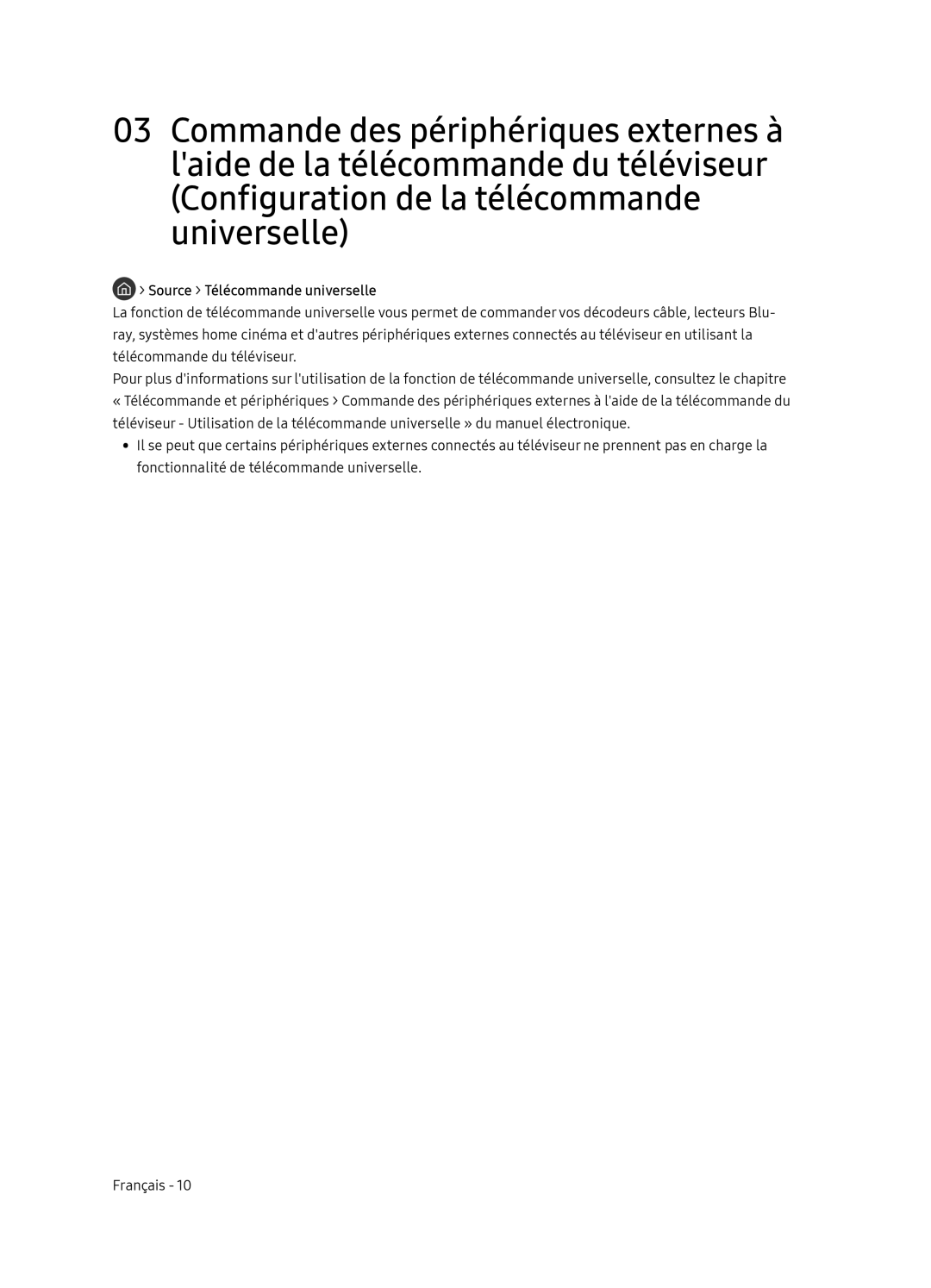 Samsung UE55NU8505TXXC, UE65NU8505TXXC manual Source Télécommande universelle 