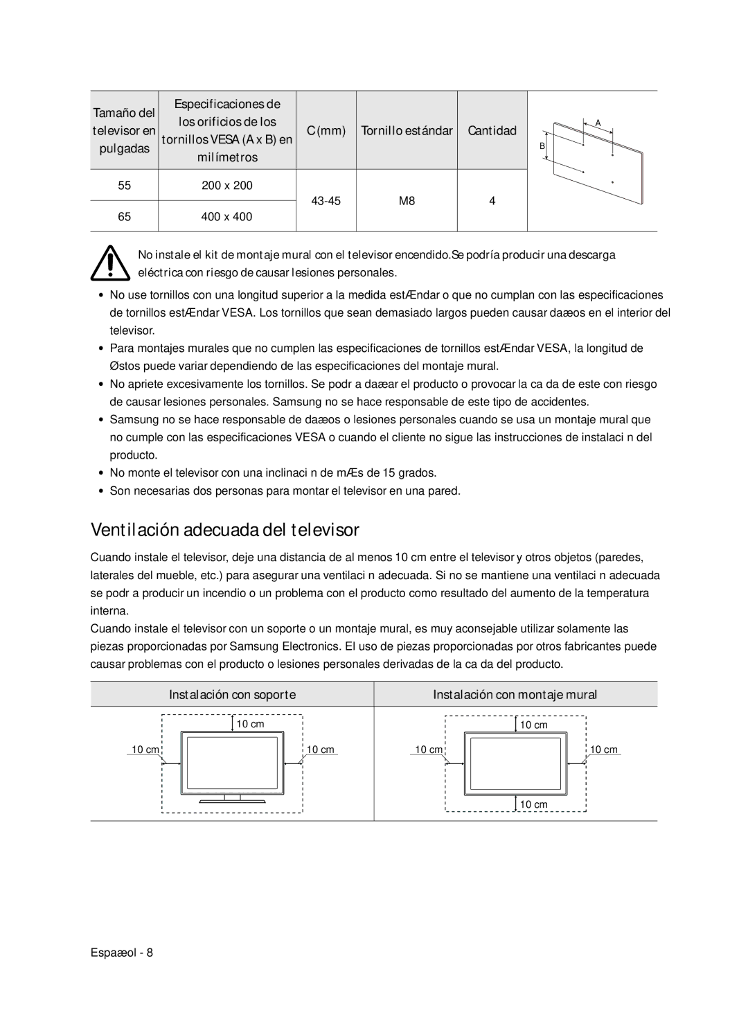 Samsung UE55NU8505TXXC Ventilación adecuada del televisor, Instalación con soporte Instalación con montaje mural, Cantidad 