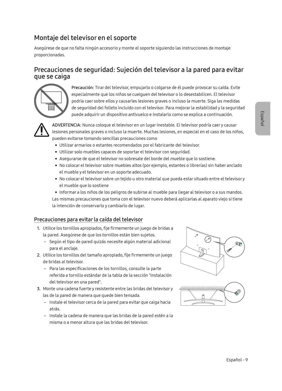 Samsung UE65NU8505TXXC manual Montaje del televisor en el soporte, Precauciones para evitar la caída del televisor 