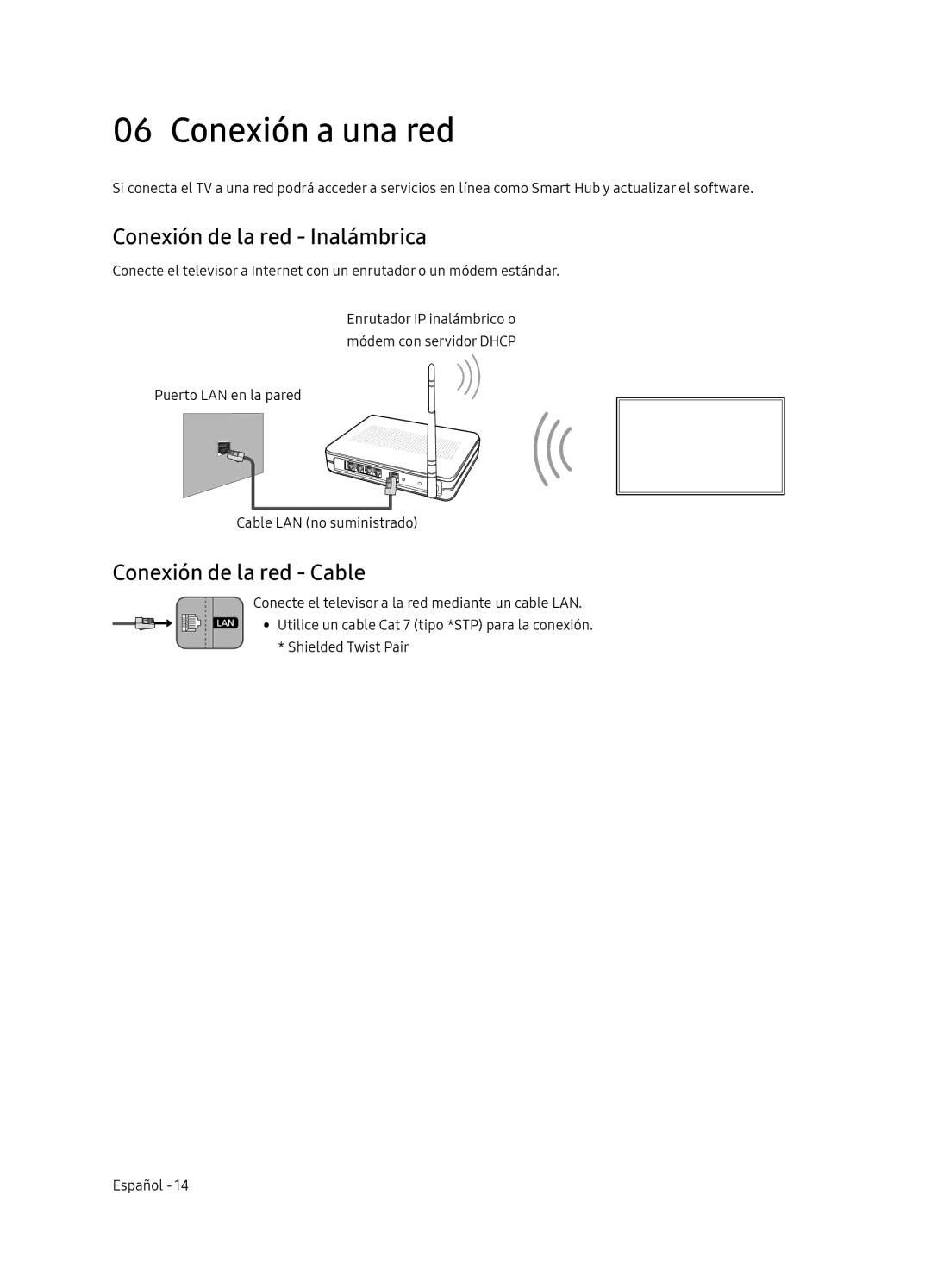 Samsung UE55NU8505TXXC, UE65NU8505TXXC manual Conexión a una red, Conexión de la red Inalámbrica, Conexión de la red Cable 