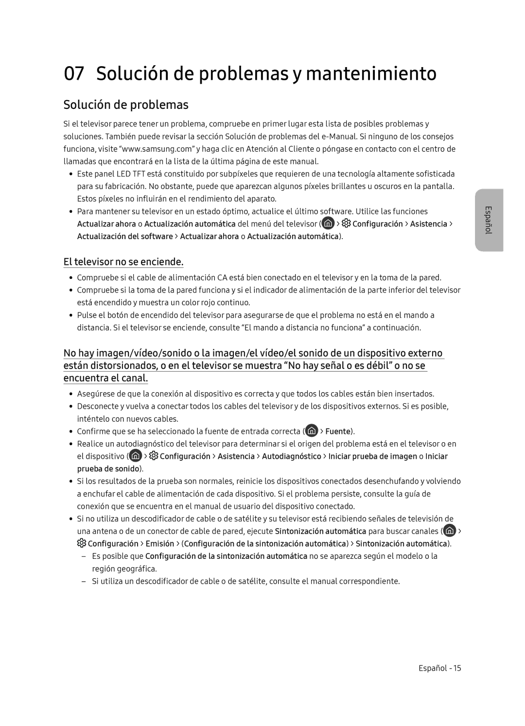 Samsung UE65NU8505TXXC, UE55NU8505TXXC Solución de problemas y mantenimiento, El televisor no se enciende, El dispositivo 