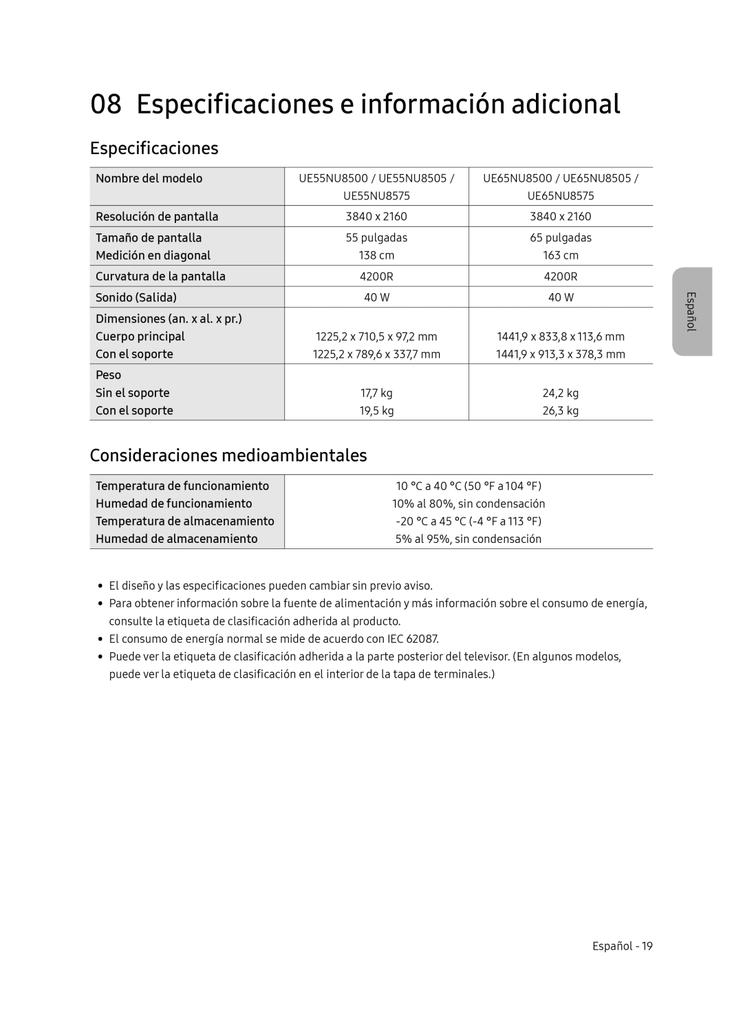 Samsung UE65NU8505TXXC, UE55NU8505TXXC manual Especificaciones e información adicional, Consideraciones medioambientales 