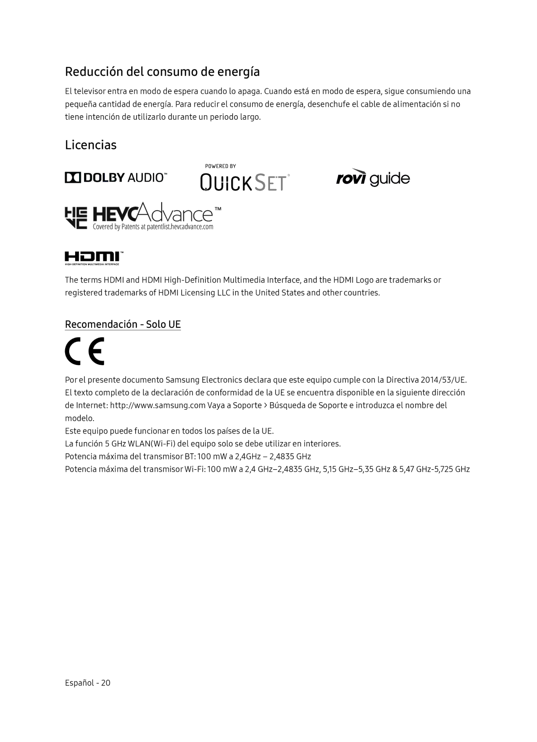 Samsung UE55NU8505TXXC, UE65NU8505TXXC manual Reducción del consumo de energía, Licencias, Recomendación Solo UE 