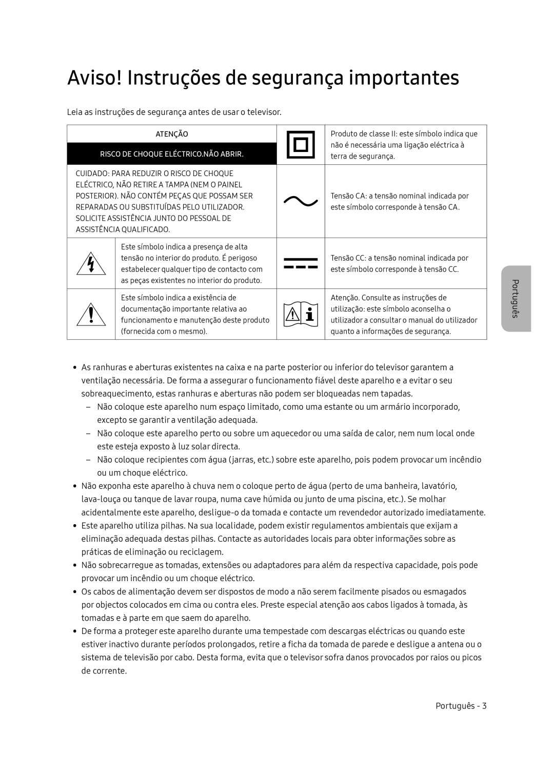 Samsung UE65NU8505TXXC, UE55NU8505TXXC manual Aviso! Instruções de segurança importantes 