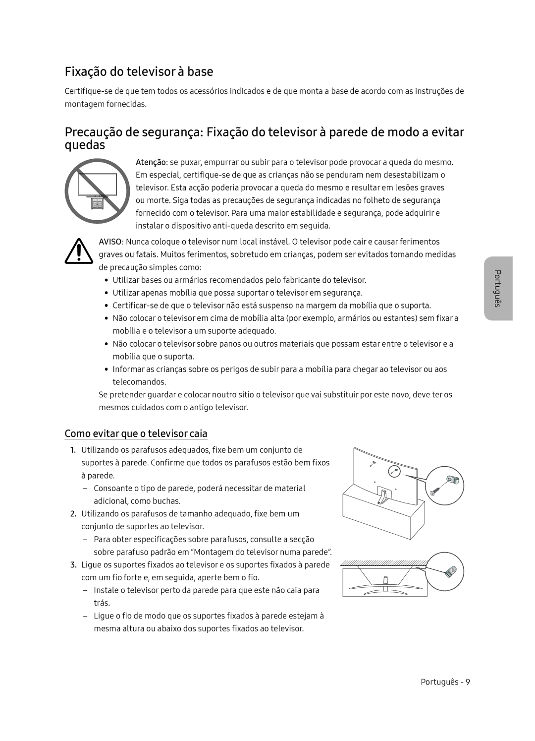 Samsung UE65NU8505TXXC, UE55NU8505TXXC manual Fixação do televisor à base, Como evitar que o televisor caia 