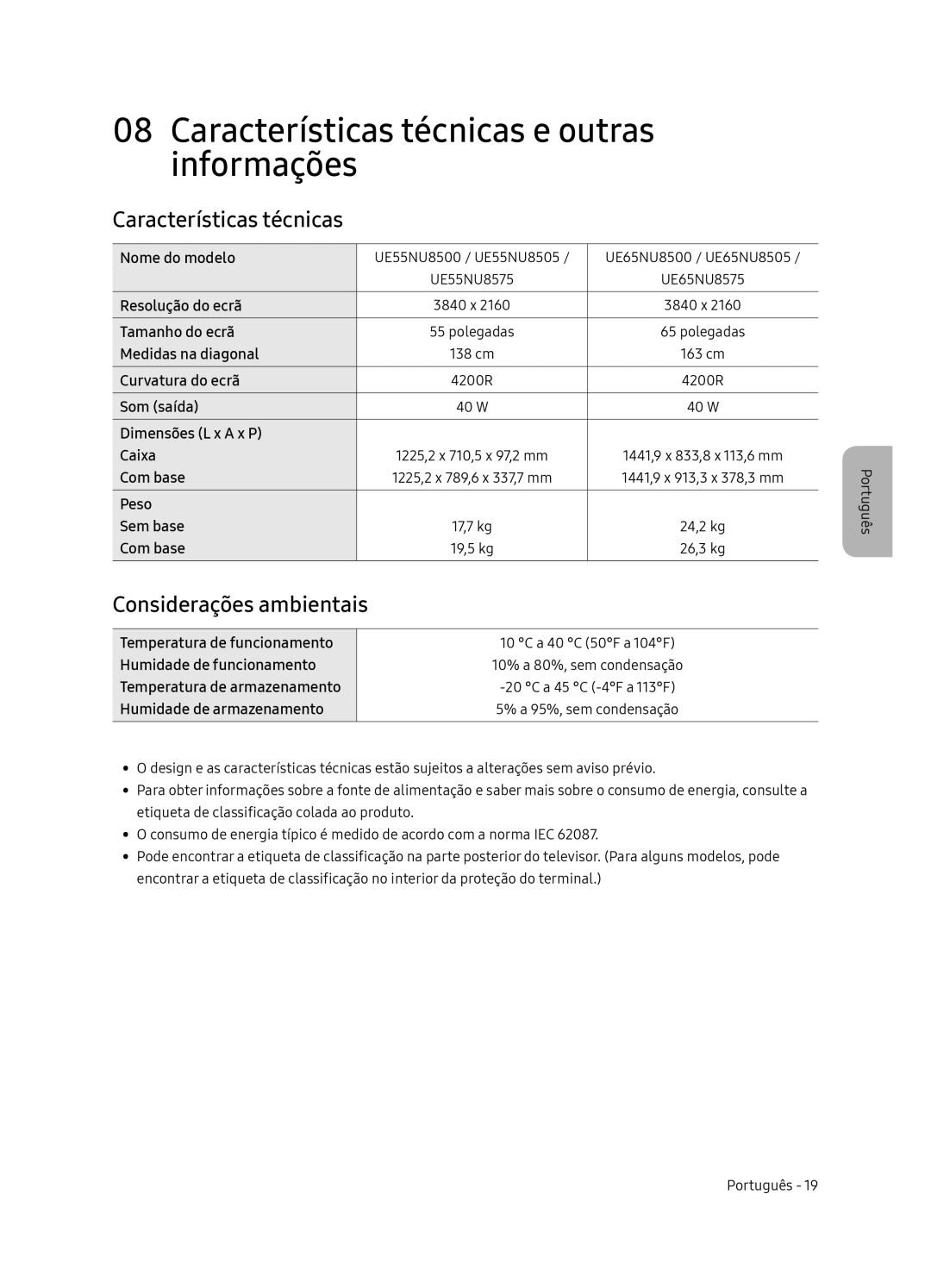 Samsung UE65NU8505TXXC, UE55NU8505TXXC manual Características técnicas e outras informações, Considerações ambientais 